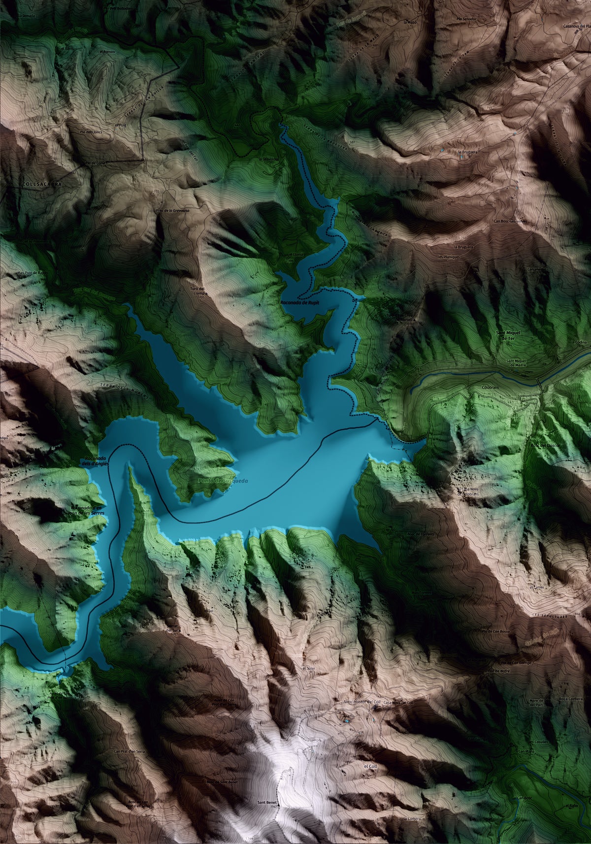 Mapa artístico del relieve de Susqueda, a la Selva, con 15 km de entorno y base topográfica ICGC. Detalle de la zona inferior izquierda.