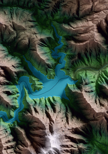 Mapa artístico del relieve de Susqueda, a la Selva, con 15 km de entorno y base topográfica ICGC. Detalle de la zona inferior izquierda.