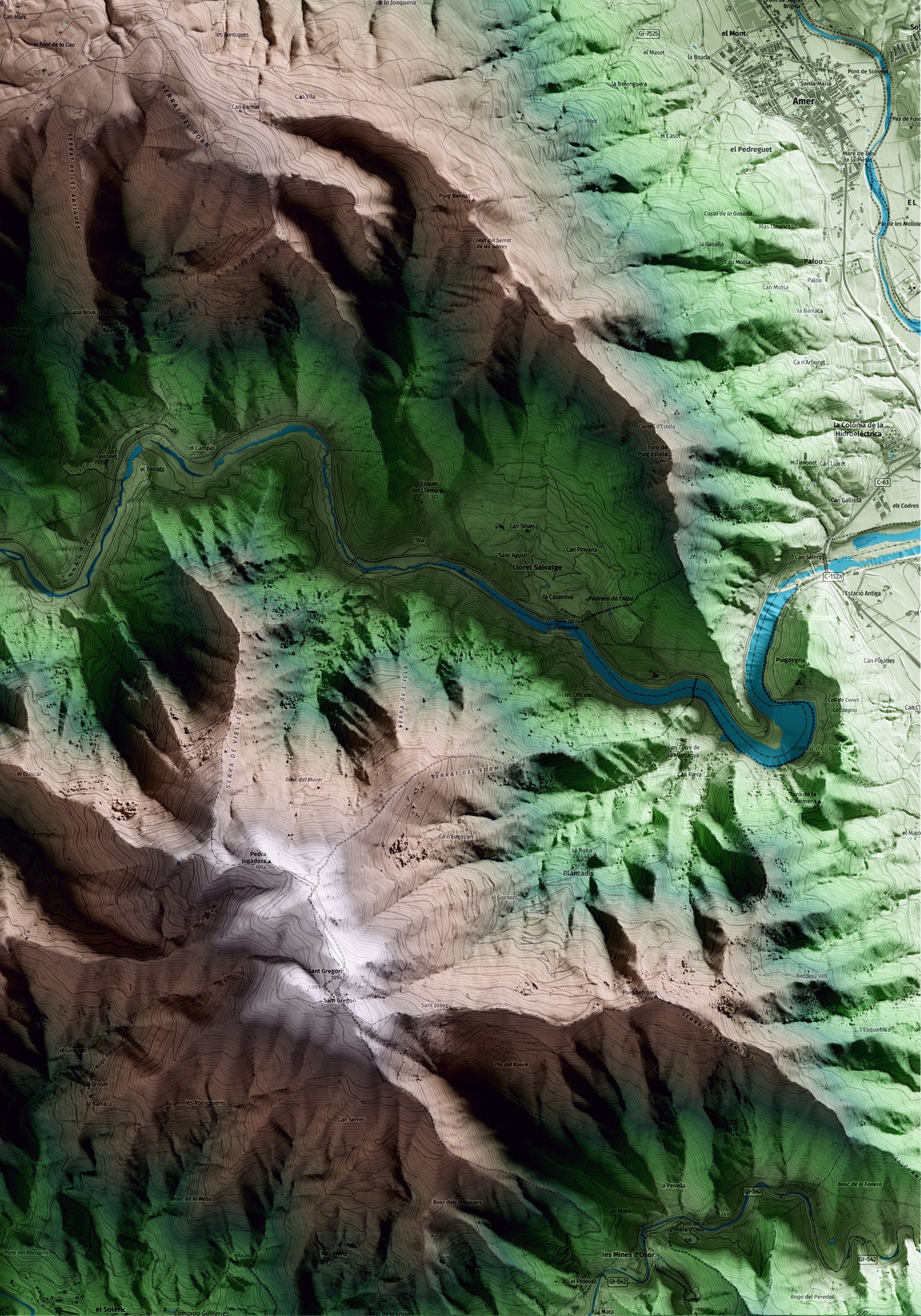 Mapa artístico del relieve de Susqueda, a la Selva, con 15 km de entorno y base topográfica ICGC. Detalle de la zona inferior derecha.