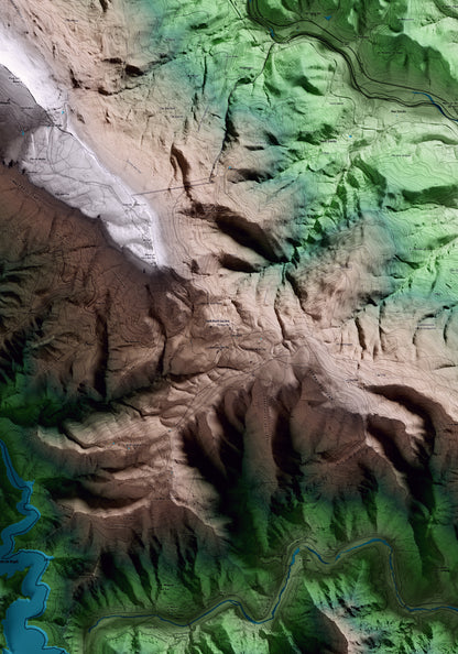 Mapa artístico del relieve de Susqueda, a la Selva, con 15 km de entorno y base topográfica ICGC. Detalle de la zona central.