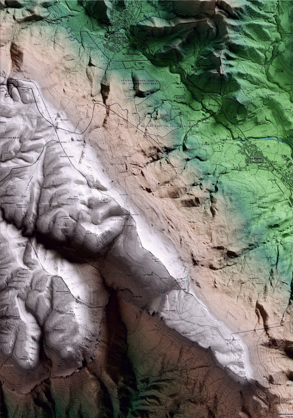 Mapa artístico del relieve de Susqueda, a la Selva, con 15 km de entorno y base topográfica ICGC. Detalle de la zona superior izquierda.