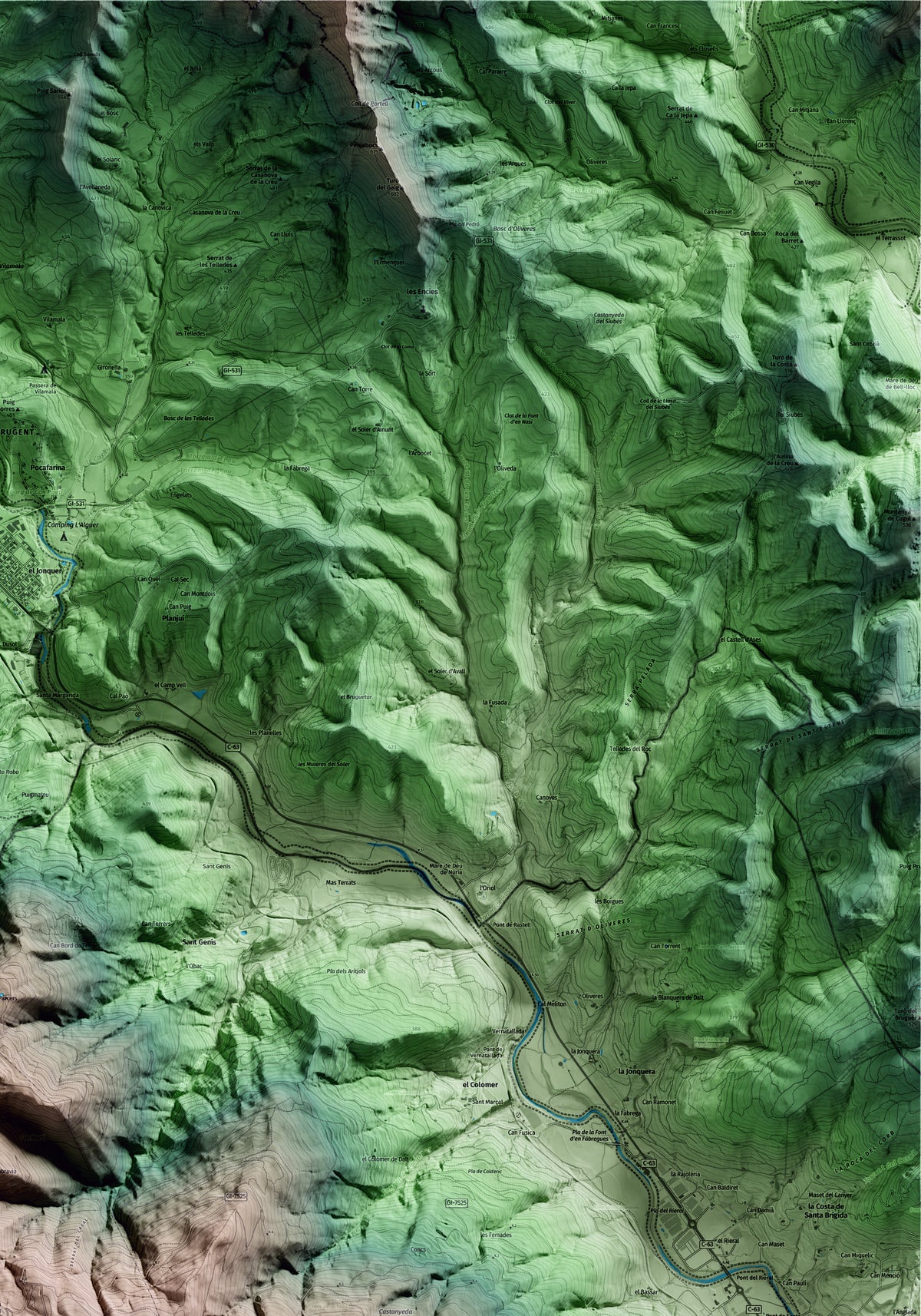Mapa artístico del relieve de Susqueda, a la Selva, con 15 km de entorno y base topográfica ICGC. Detalle de la zona superior derecha.