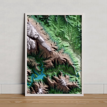 Mapa artístico del relieve de Susqueda, a la Selva, con 15 km de entorno y base topográfica ICGC. Presentación enmarcada.