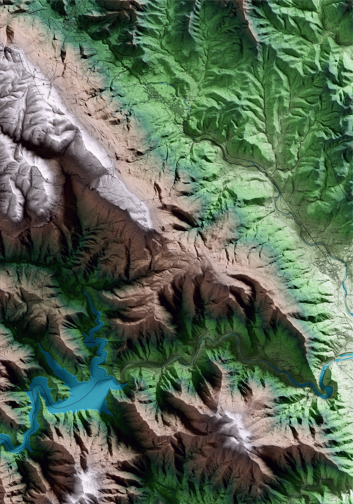 Mapa artístico del relieve de Susqueda, a la Selva, con 15 km de entorno y base topográfica ICGC