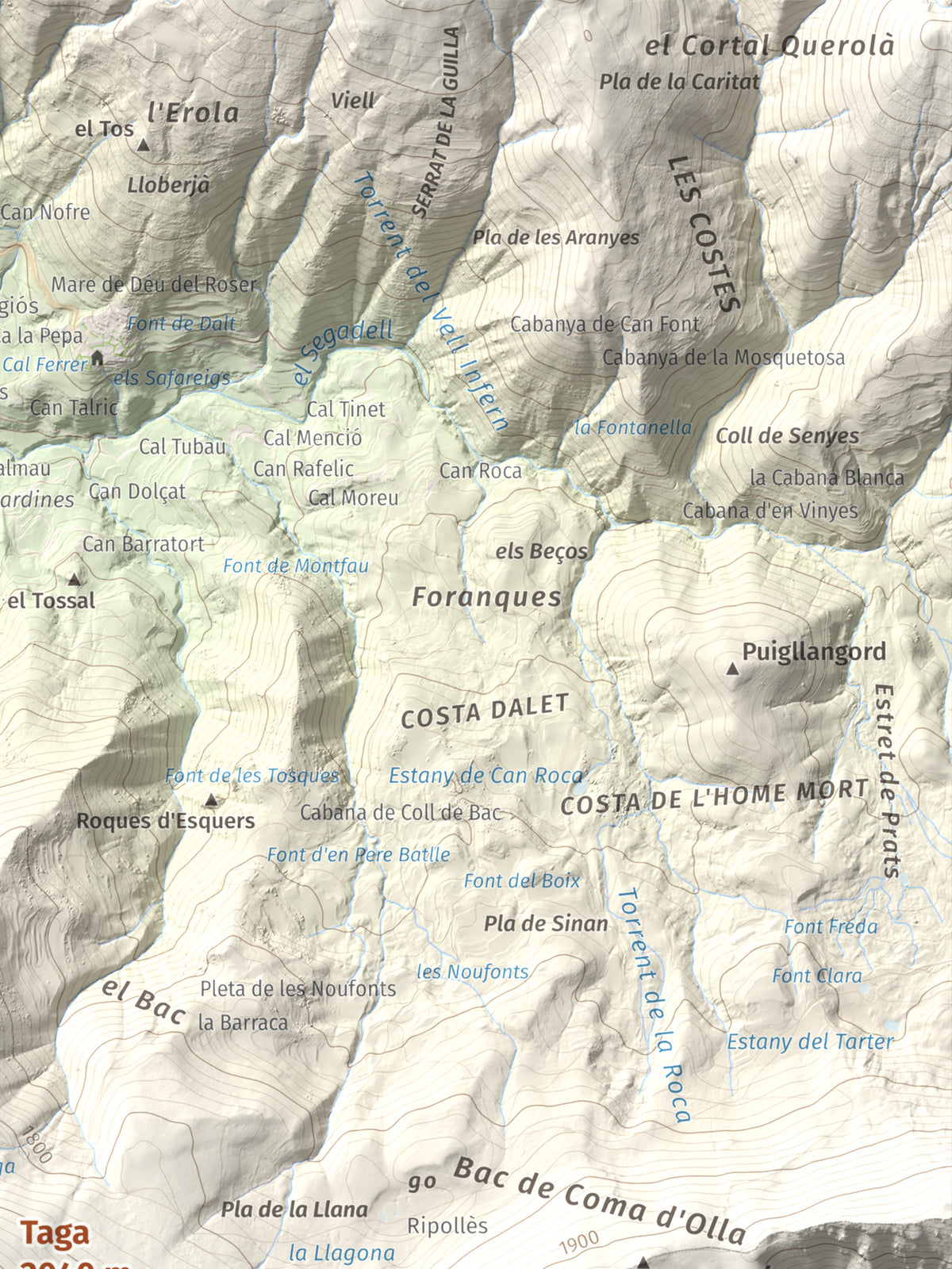 Mapa de relieve de Taga, 2040 m, Ripollès, lámina 100 Cims de Trobart. Detalle de la zona superior derecha. 30 × 40 cm.