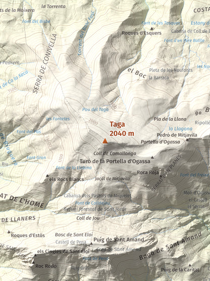 Mapa de relieve de Taga, 2040 m, Ripollès, lámina 100 Cims de Trobart. Detalle de la zona central. 30 × 40 cm.