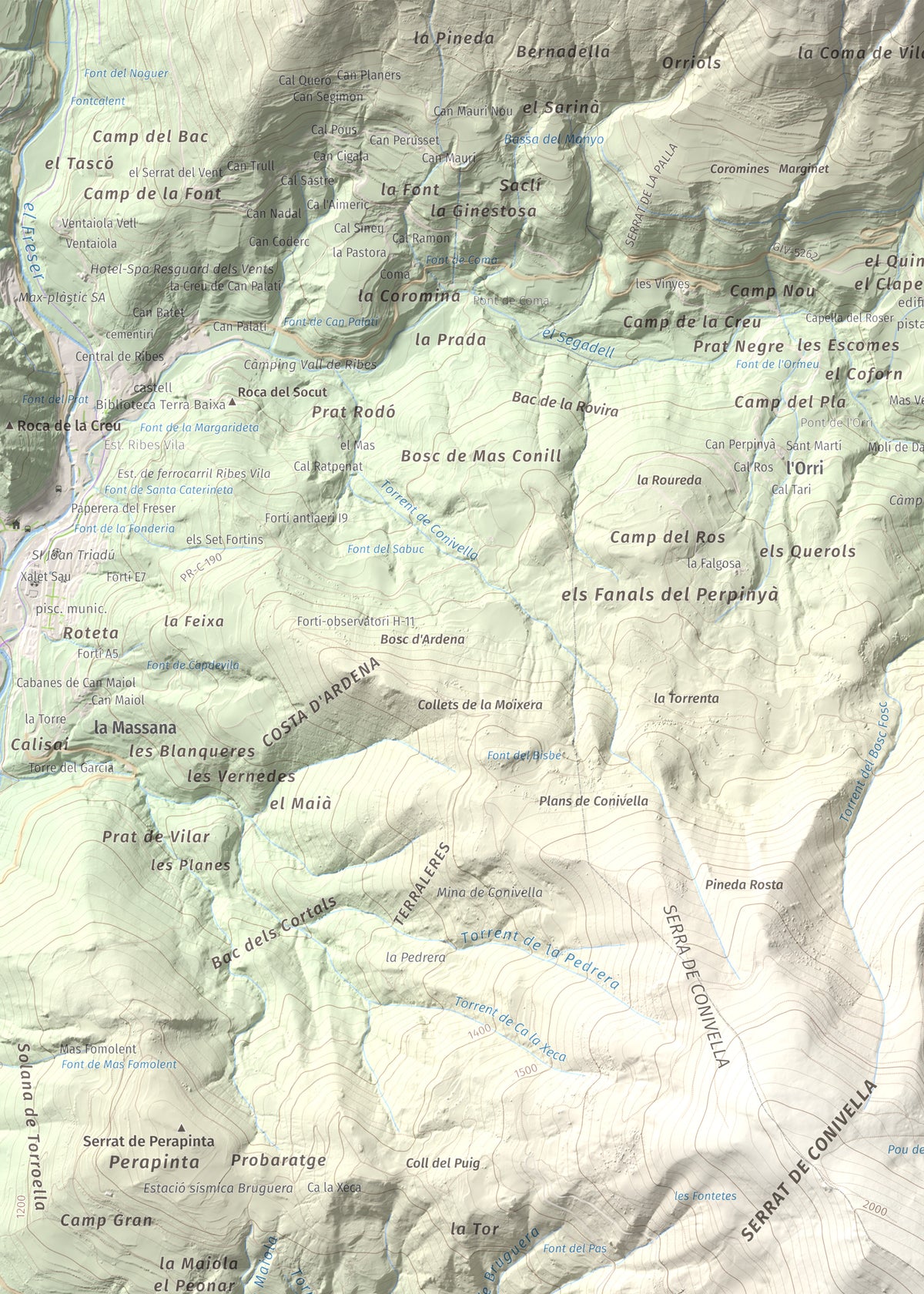 Mapa de relieve de Taga, 2040 m, Ripollès, lámina 100 Cims de Trobart. Detalle de la zona superior izquierda. 50 × 70 cm.