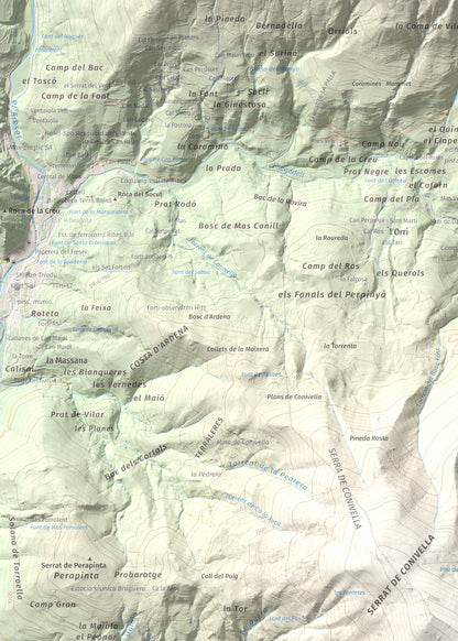 Mapa de relieve de Taga, 2040 m, Ripollès, lámina 100 Cims de Trobart. Detalle de la zona superior izquierda. 50 × 70 cm.