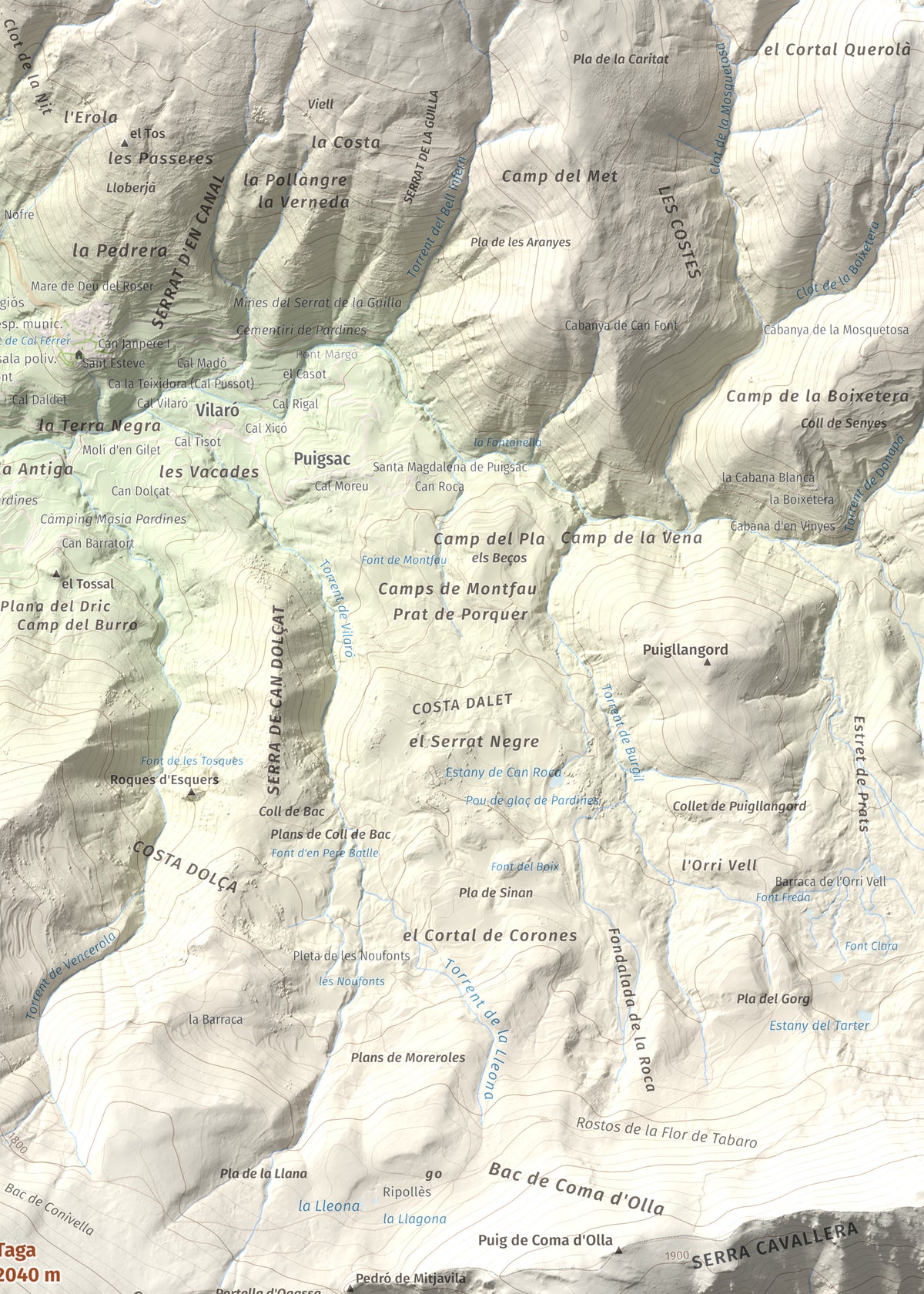 Mapa de relieve de Taga, 2040 m, Ripollès, lámina 100 Cims de Trobart. Detalle de la zona superior derecha. 50 × 70 cm.