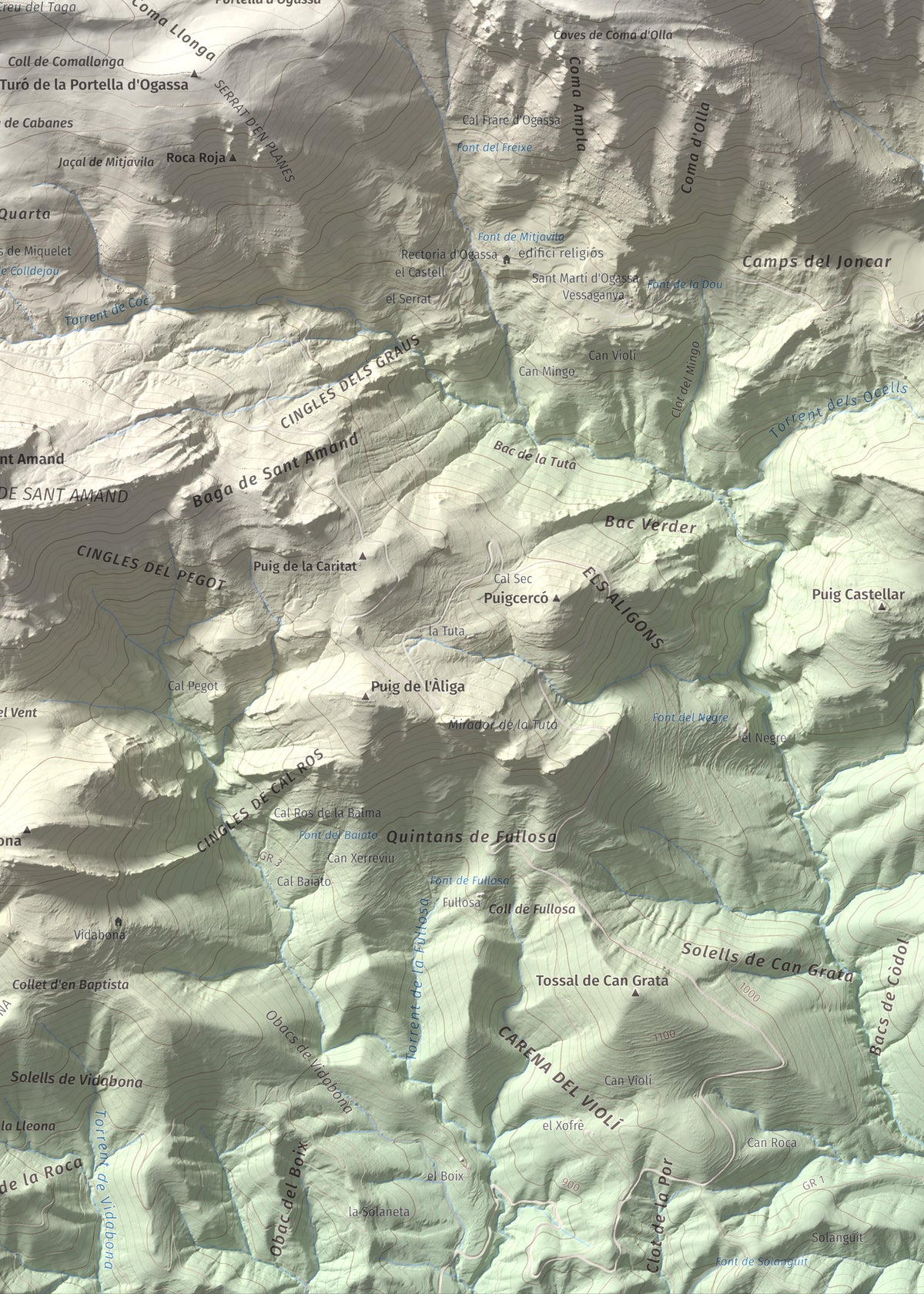 Mapa de relieve de Taga, 2040 m, Ripollès, lámina 100 Cims de Trobart. Detalle de la zona inferior derecha. 50 × 70 cm.