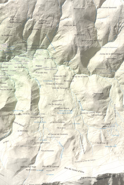 Mapa de relieve de Taga, 2040 m, Ripollès, lámina 100 Cims de Trobart. Detalle de la zona superior derecha. 61 × 91 cm.