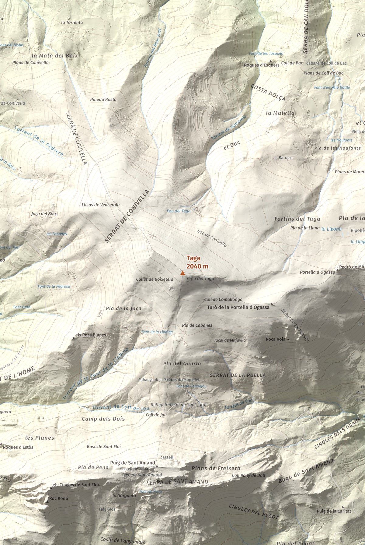 Mapa de relieve de Taga, 2040 m, Ripollès, lámina 100 Cims de Trobart. Detalle de la zona central. 61 × 91 cm.