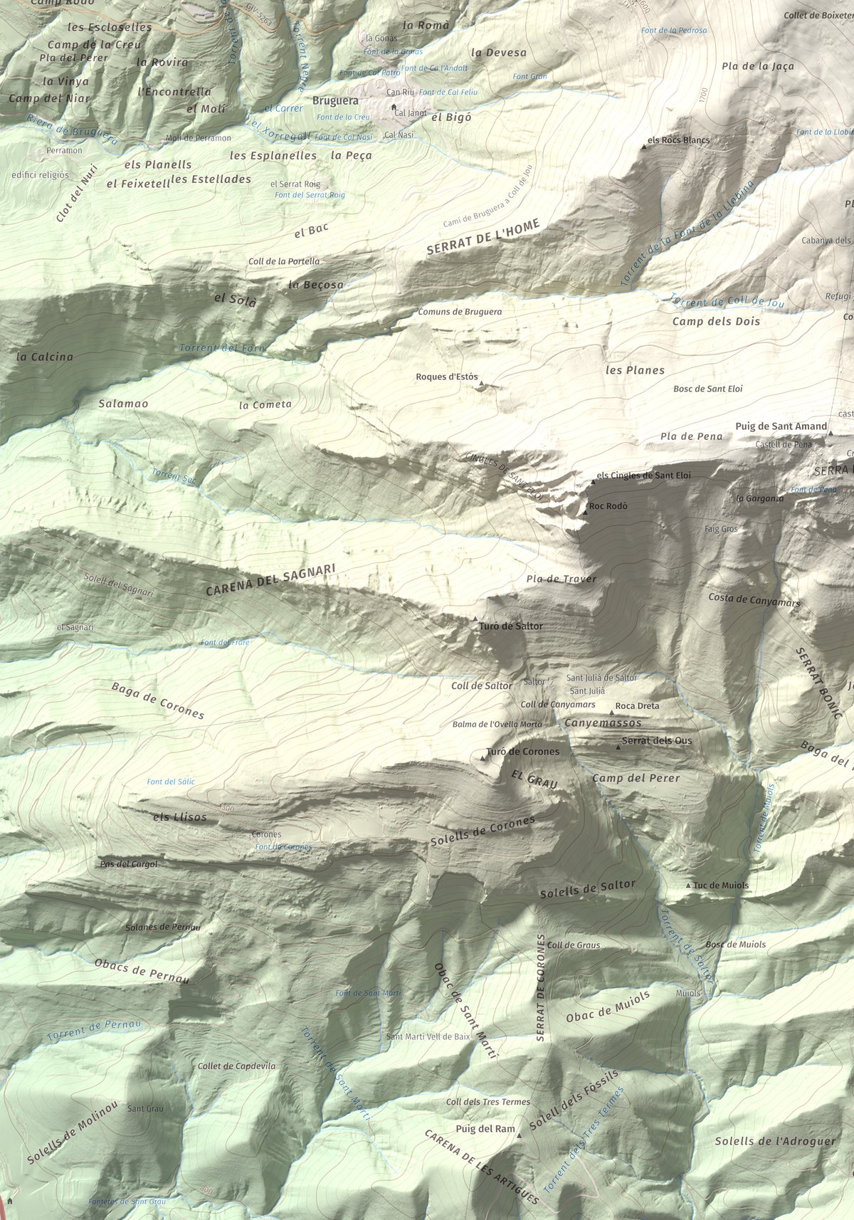 Mapa de relieve de Taga, 2040 m, Ripollès, lámina 100 Cims de Trobart. Detalle de la zona inferior izquierda. 70 × 100 cm.