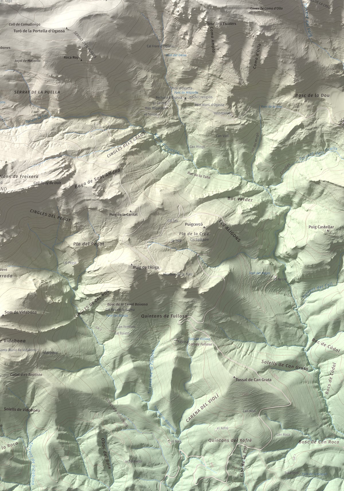 Mapa de relieve de Taga, 2040 m, Ripollès, lámina 100 Cims de Trobart. Detalle de la zona inferior derecha. 70 × 100 cm.