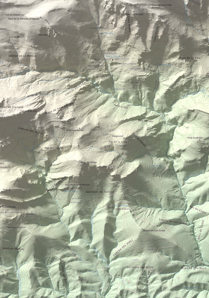 Mapa de relieve de Taga, 2040 m, Ripollès, lámina 100 Cims de Trobart. Detalle de la zona inferior derecha. 70 × 100 cm.