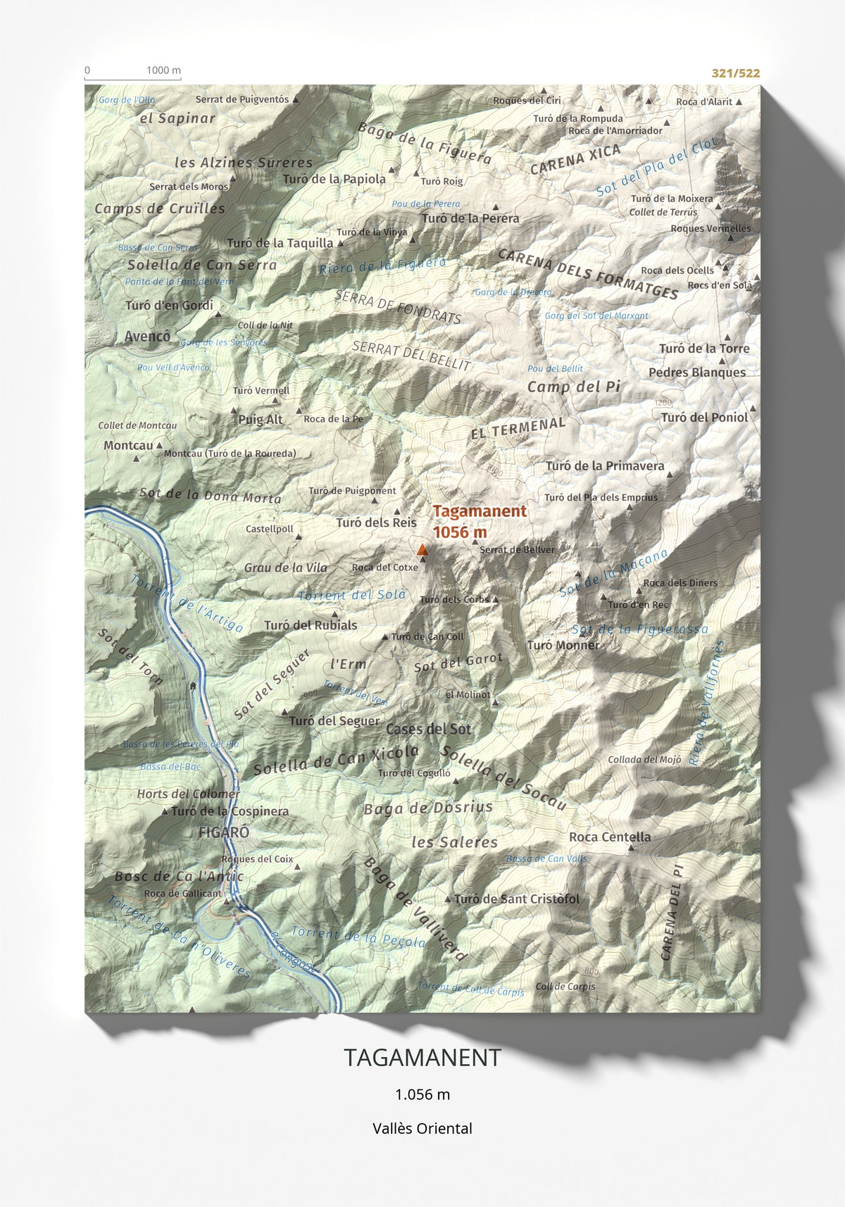 Mapa de relieve de Tagamanent, 1056 m, Vallès Oriental, lámina 100 Cims de Trobart 21 × 30 cm.