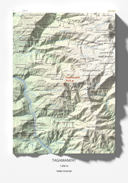 Mapa de relieve de Tagamanent, 1056 m, Vallès Oriental, lámina 100 Cims de Trobart 21 × 30 cm.