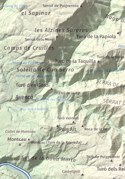 Mapa de relieve de Tagamanent, 1056 m, Vallès Oriental, lámina 100 Cims de Trobart. Detalle de la zona superior izquierda. 21 × 30 cm.