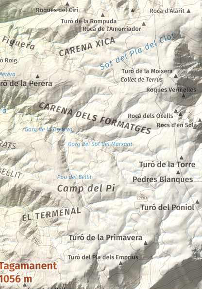 Mapa de relieve de Tagamanent, 1056 m, Vallès Oriental, lámina 100 Cims de Trobart. Detalle de la zona superior derecha. 21 × 30 cm.