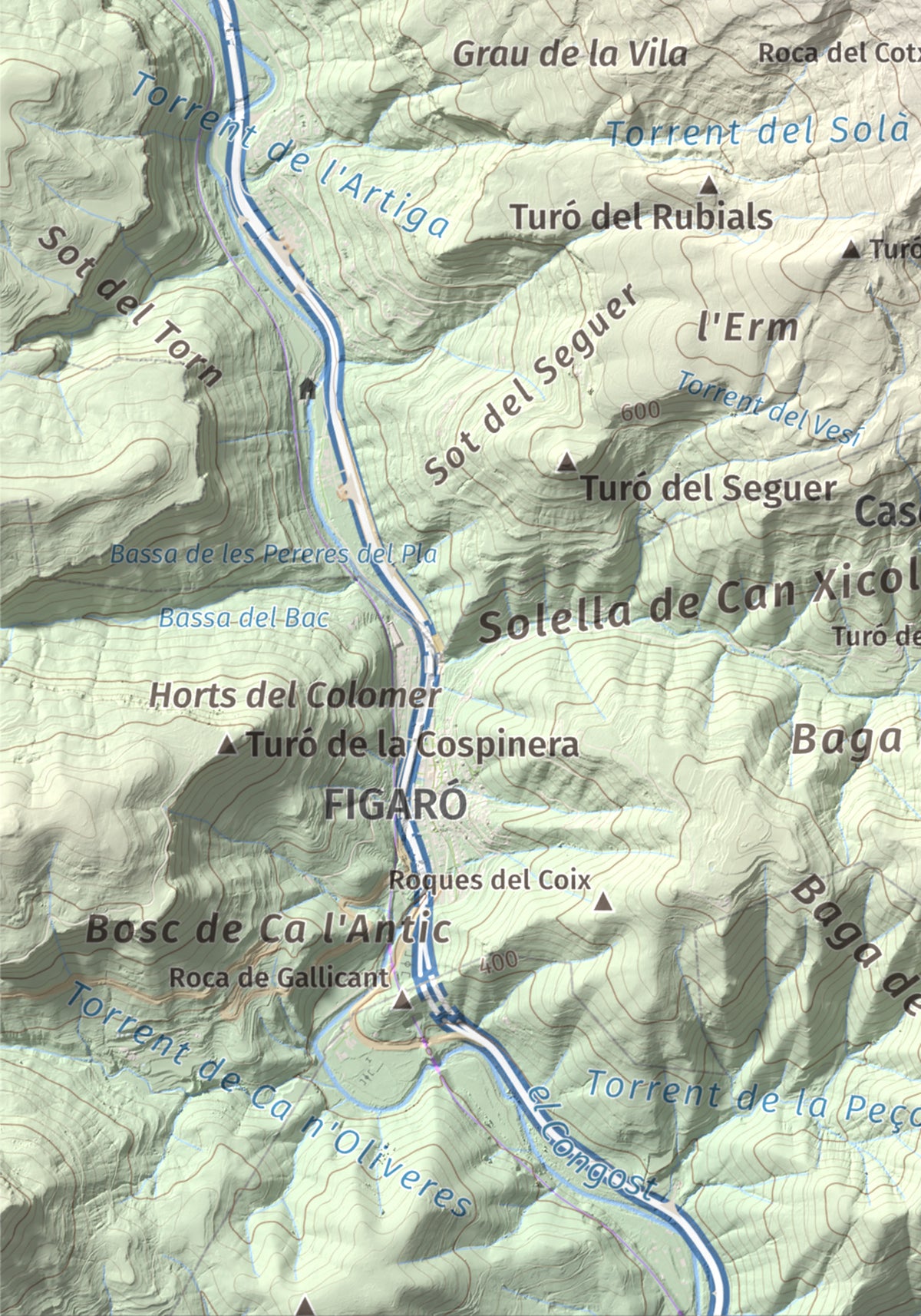 Mapa de relieve de Tagamanent, 1056 m, Vallès Oriental, lámina 100 Cims de Trobart. Detalle de la zona inferior izquierda. 21 × 30 cm.