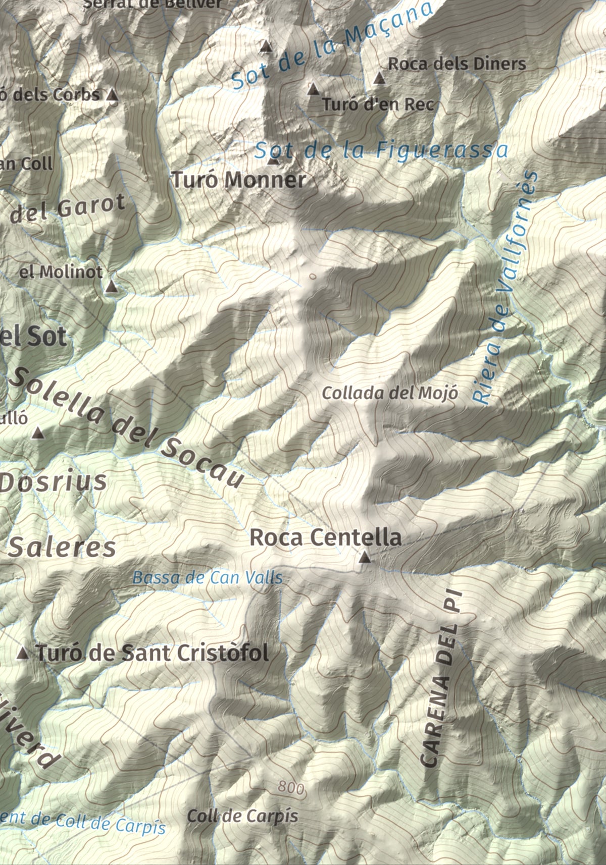 Mapa de relieve de Tagamanent, 1056 m, Vallès Oriental, lámina 100 Cims de Trobart. Detalle de la zona inferior derecha. 21 × 30 cm.
