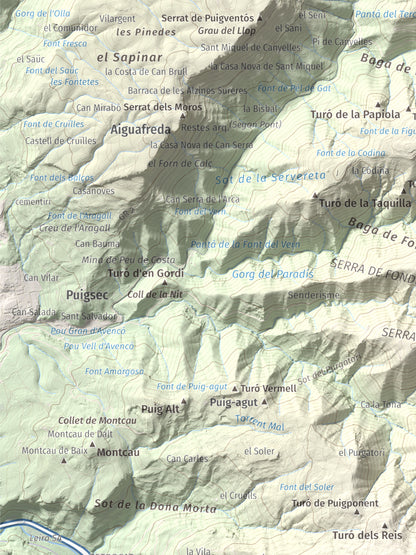 Mapa de relieve de Tagamanent, 1056 m, Vallès Oriental, lámina 100 Cims de Trobart. Detalle de la zona superior izquierda. 30 × 40 cm.