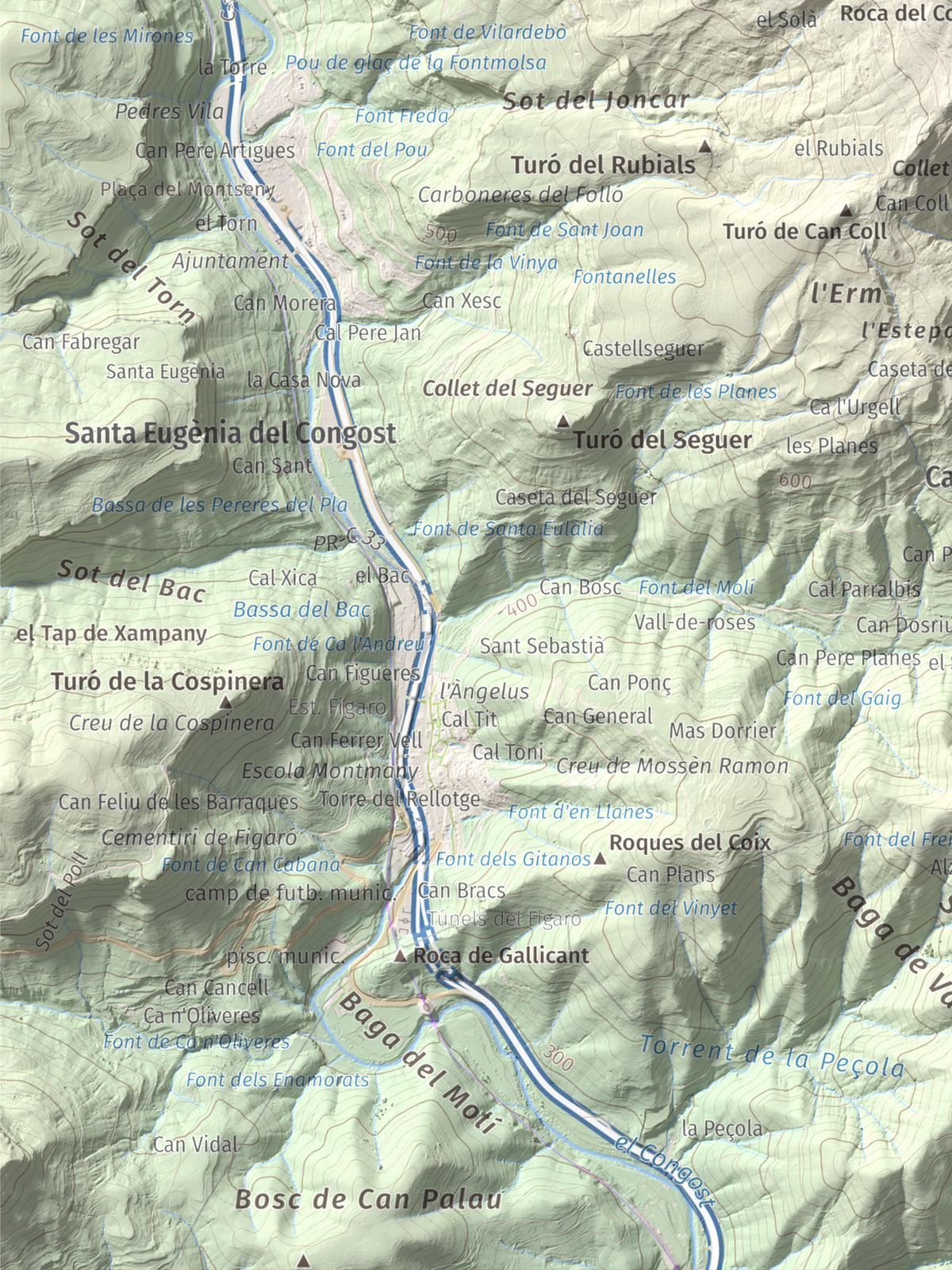 Mapa de relieve de Tagamanent, 1056 m, Vallès Oriental, lámina 100 Cims de Trobart. Detalle de la zona inferior izquierda. 30 × 40 cm.