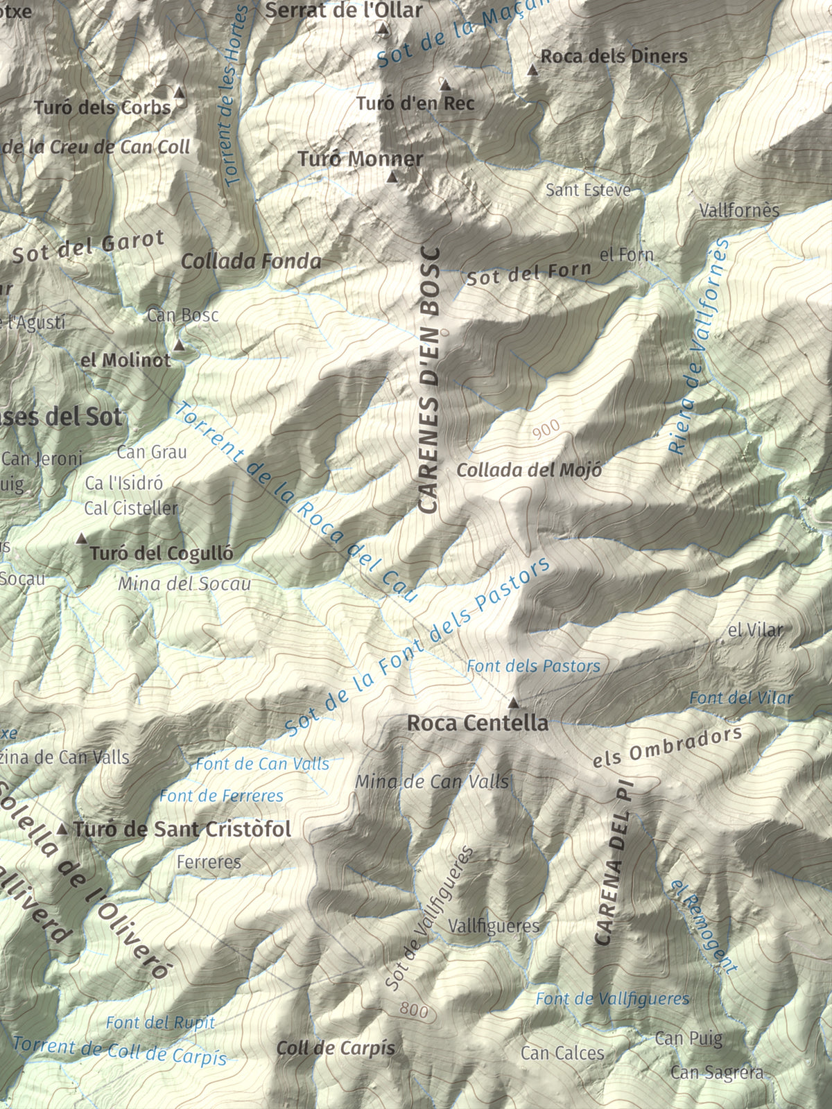 Mapa de relieve de Tagamanent, 1056 m, Vallès Oriental, lámina 100 Cims de Trobart. Detalle de la zona inferior derecha. 30 × 40 cm.