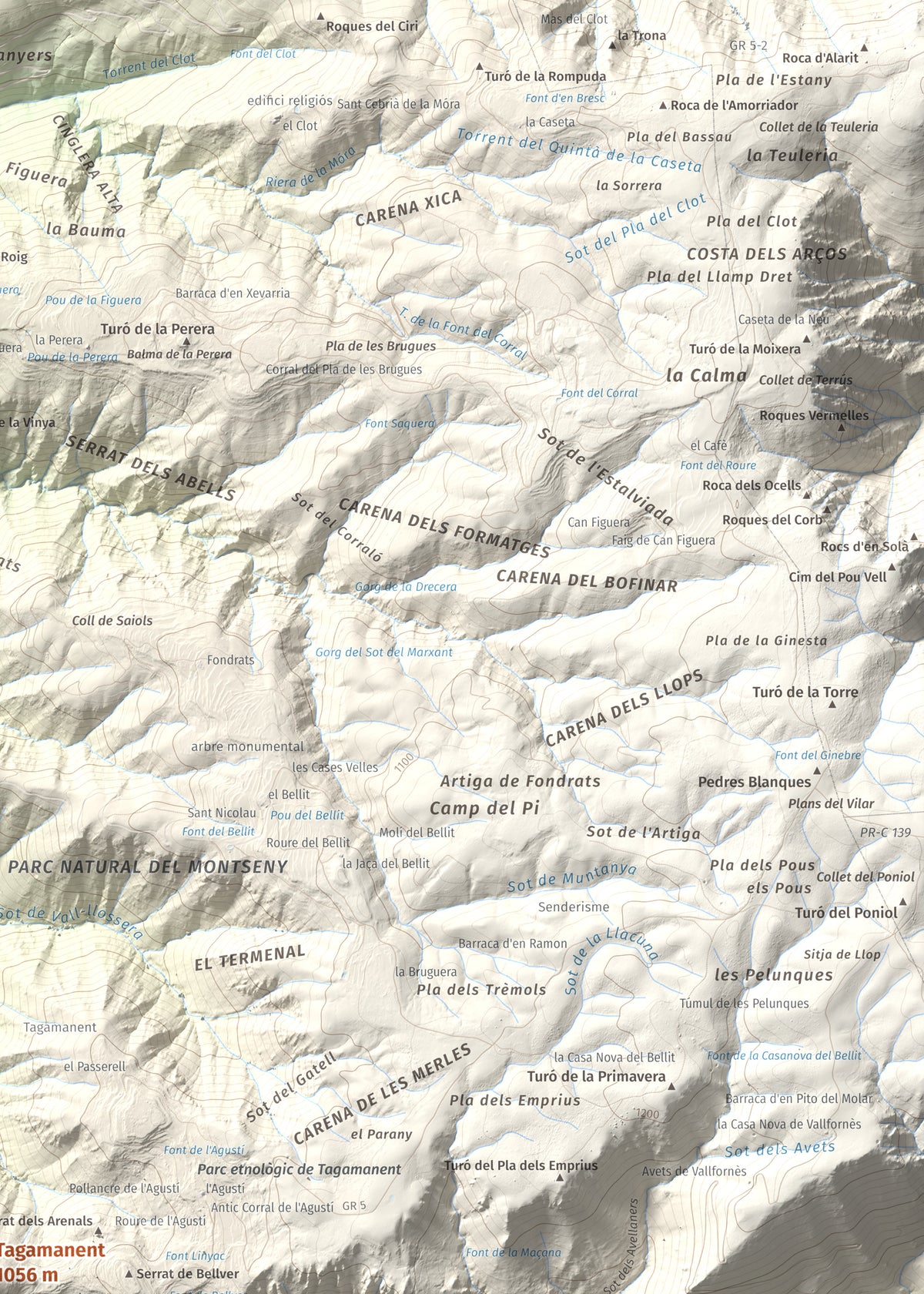 Mapa de relieve de Tagamanent, 1056 m, Vallès Oriental, lámina 100 Cims de Trobart. Detalle de la zona superior derecha. 50 × 70 cm.