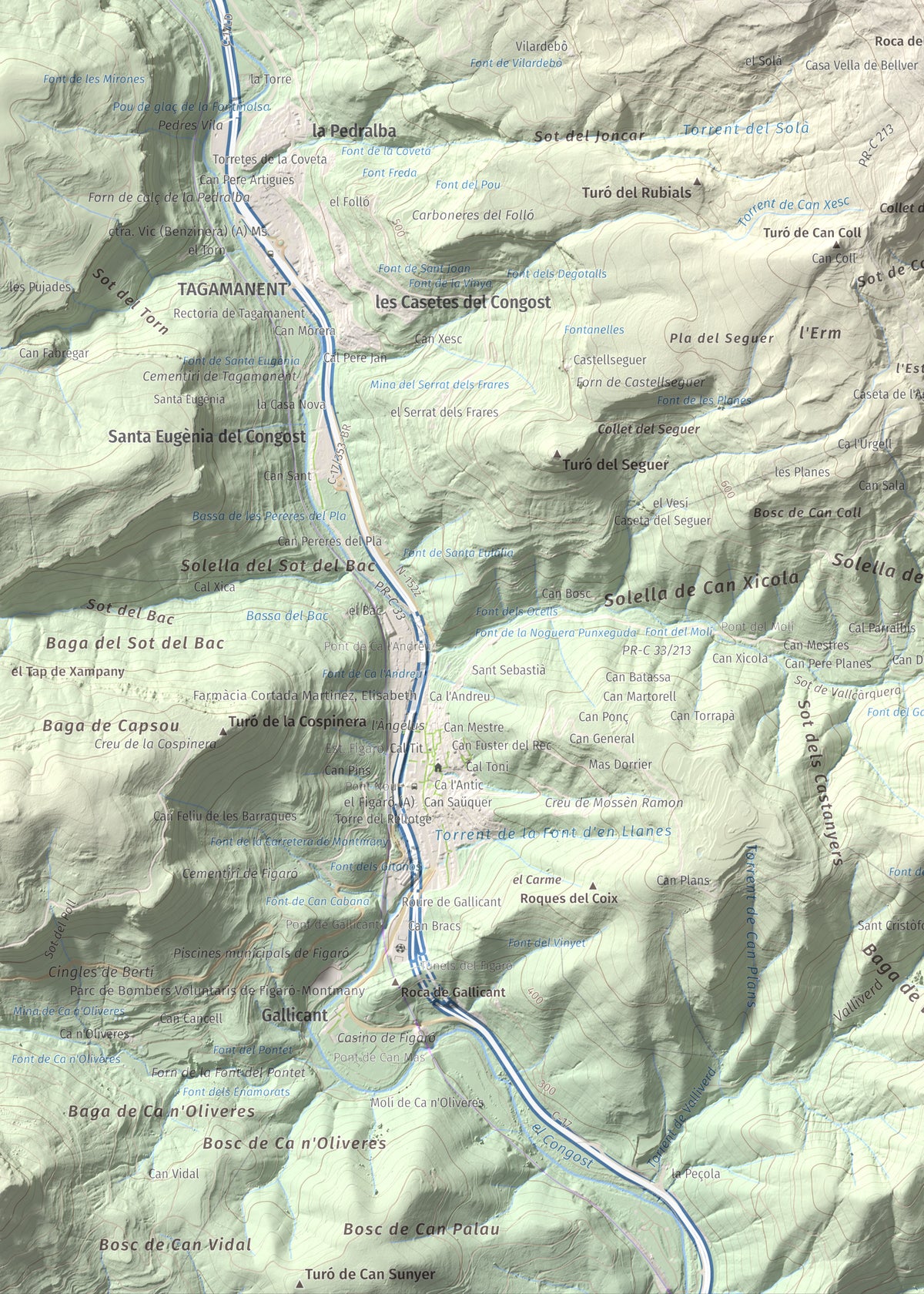 Mapa de relieve de Tagamanent, 1056 m, Vallès Oriental, lámina 100 Cims de Trobart. Detalle de la zona inferior izquierda. 50 × 70 cm.