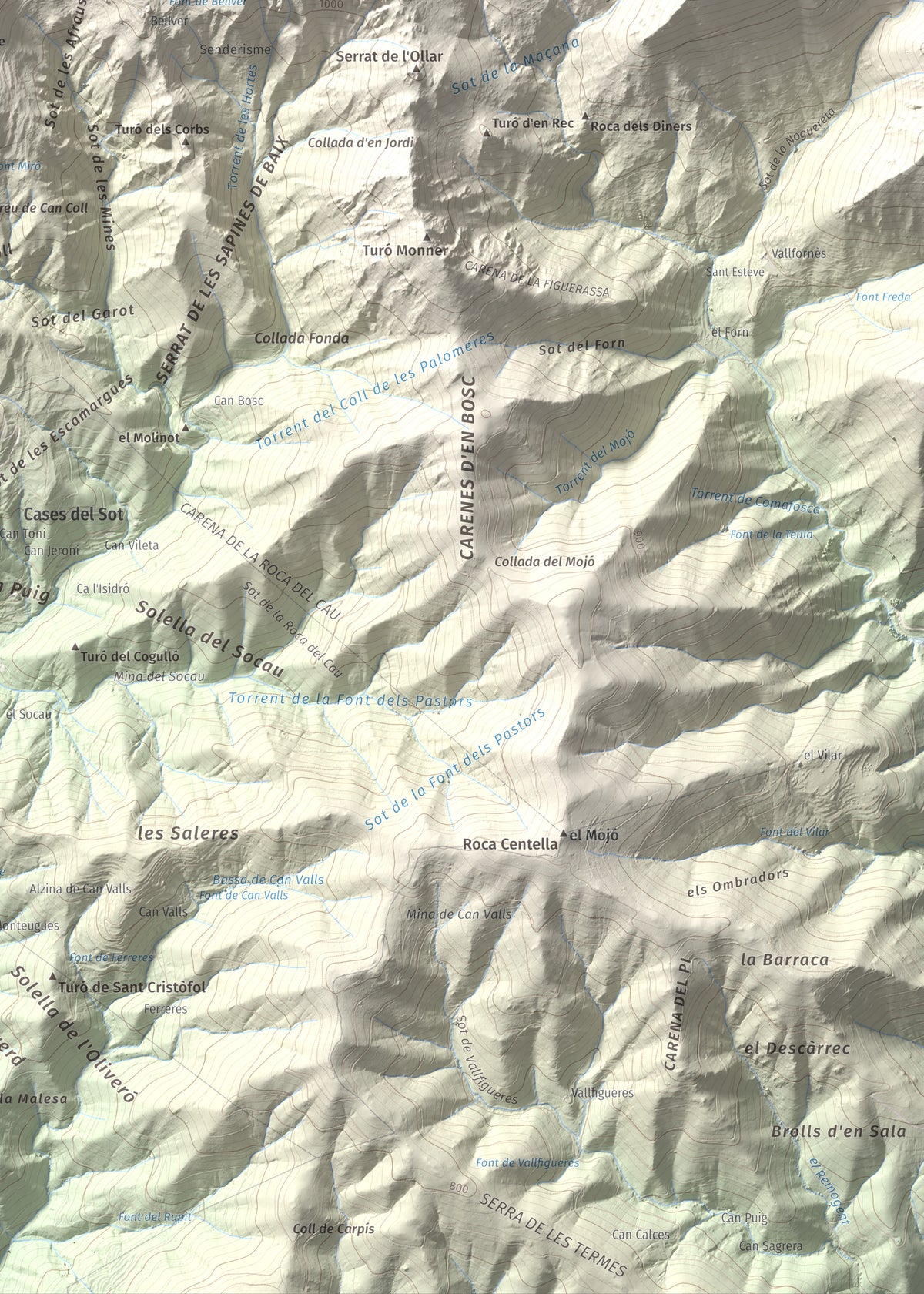 Mapa de relieve de Tagamanent, 1056 m, Vallès Oriental, lámina 100 Cims de Trobart. Detalle de la zona inferior derecha. 50 × 70 cm.