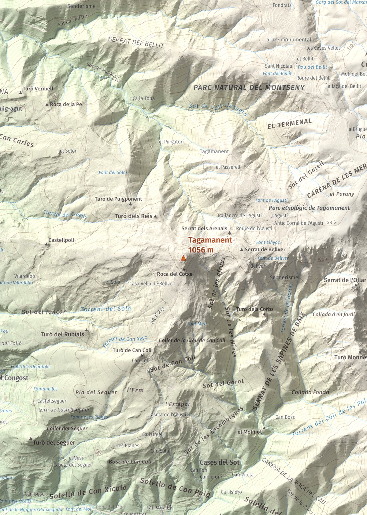 Mapa de relieve de Tagamanent, 1056 m, Vallès Oriental, lámina 100 Cims de Trobart. Detalle de la zona central. 50 × 70 cm.