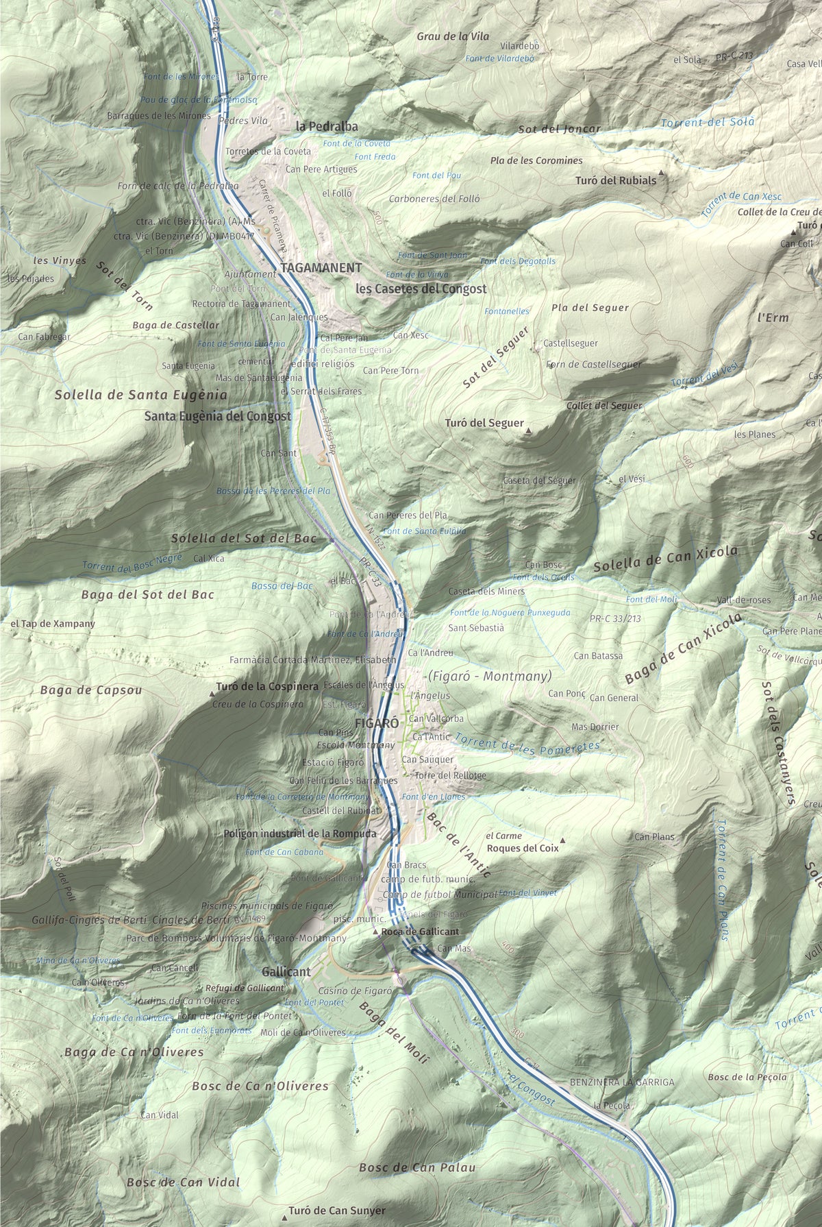 Mapa de relieve de Tagamanent, 1056 m, Vallès Oriental, lámina 100 Cims de Trobart. Detalle de la zona inferior izquierda. 61 × 91 cm.