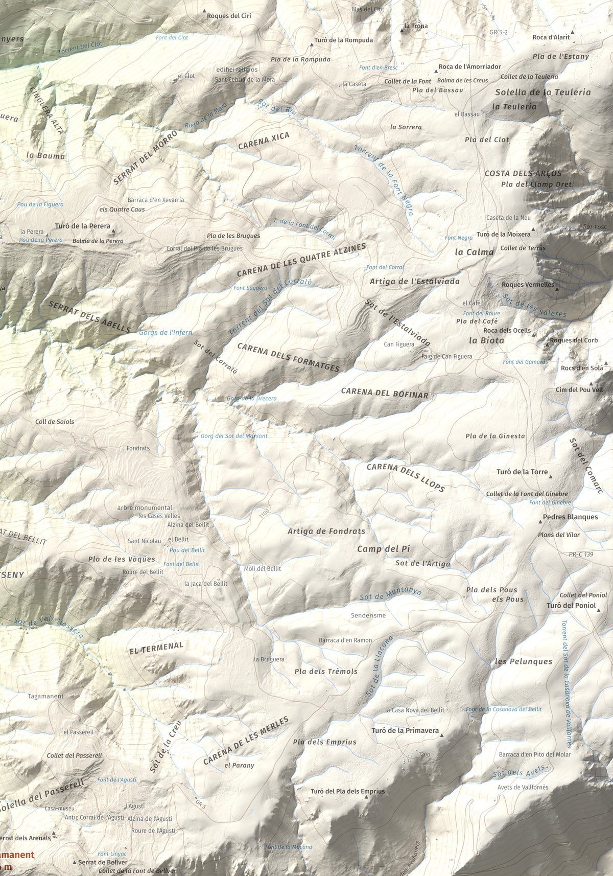 Mapa de relieve de Tagamanent, 1056 m, Vallès Oriental, lámina 100 Cims de Trobart. Detalle de la zona superior derecha. 70 × 100 cm.