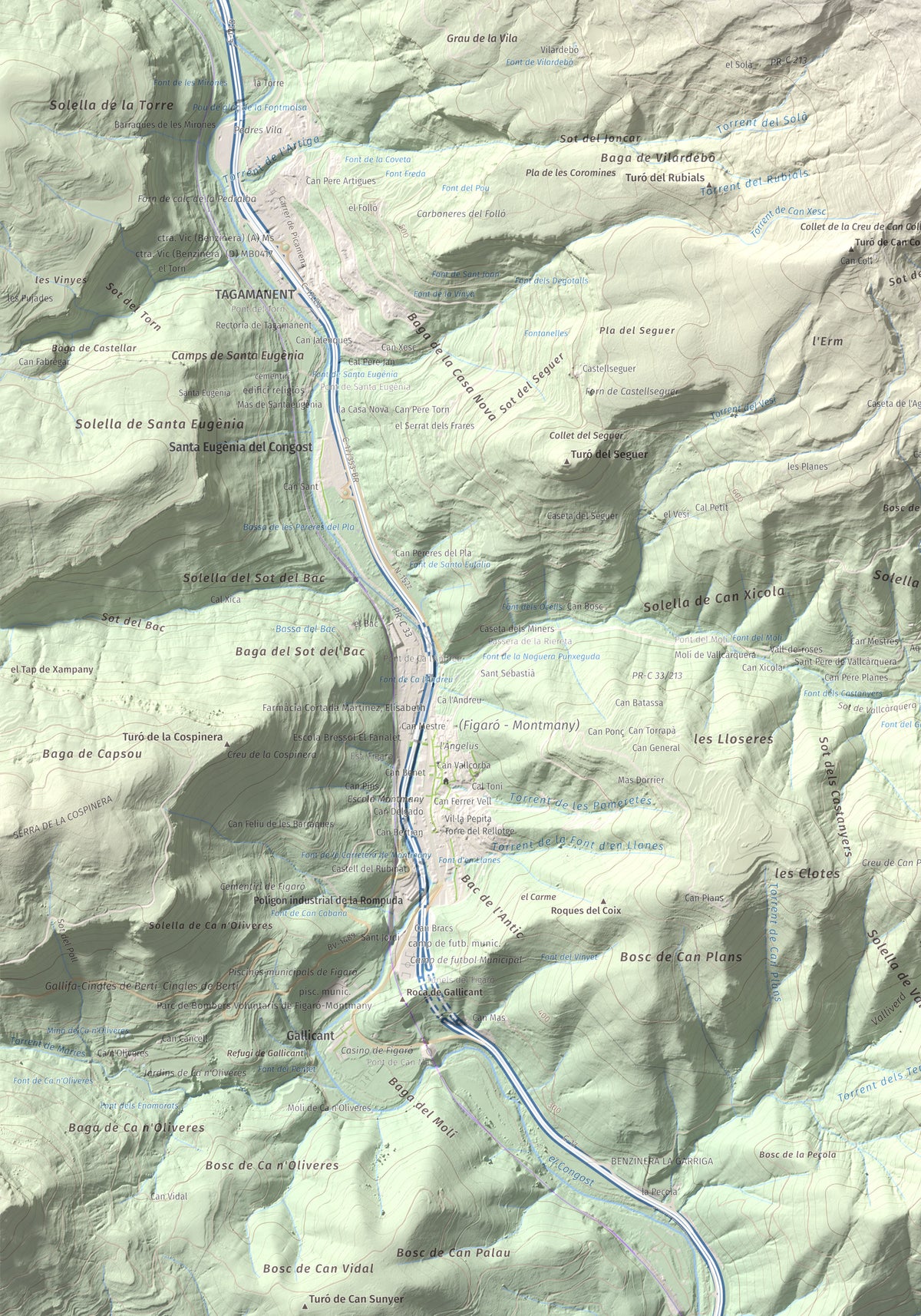 Mapa de relieve de Tagamanent, 1056 m, Vallès Oriental, lámina 100 Cims de Trobart. Detalle de la zona inferior izquierda. 70 × 100 cm.