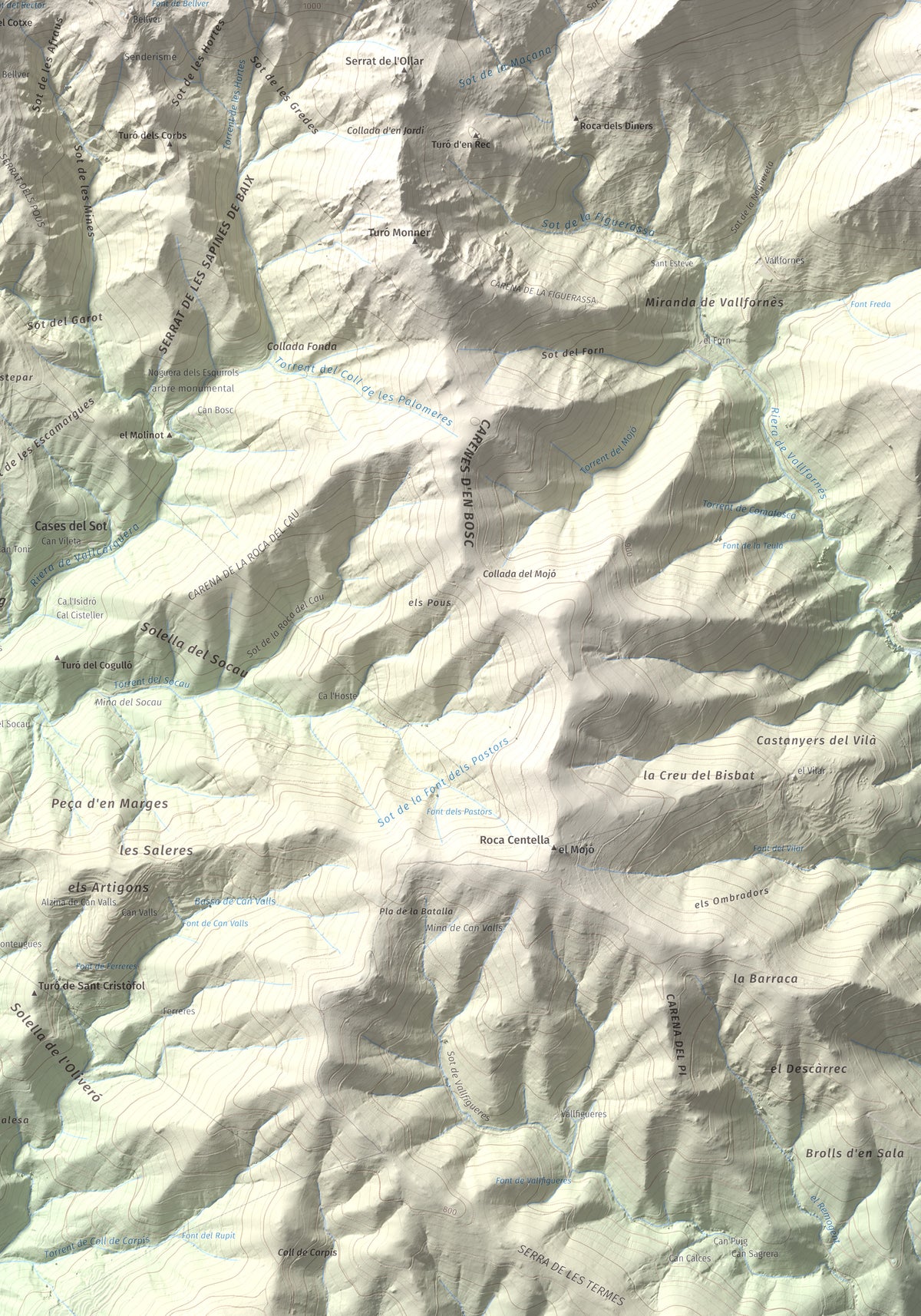 Mapa de relieve de Tagamanent, 1056 m, Vallès Oriental, lámina 100 Cims de Trobart. Detalle de la zona inferior derecha. 70 × 100 cm.