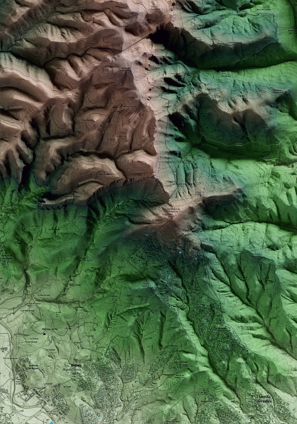 Mapa artístico del relieve de Tagamanent, al Vallès Oriental, con 15 km de entorno y base topográfica ICGC. Detalle de la zona inferior izquierda.