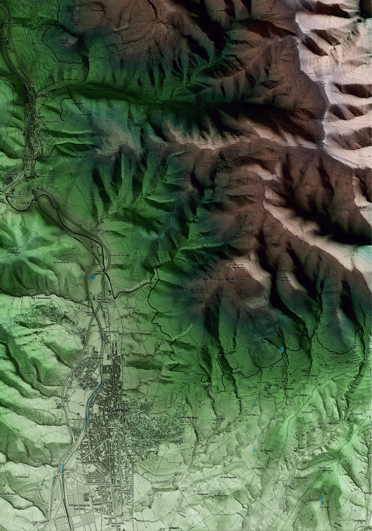 Mapa artístico del relieve de Tagamanent, al Vallès Oriental, con 15 km de entorno y base topográfica ICGC. Detalle de la zona inferior derecha.