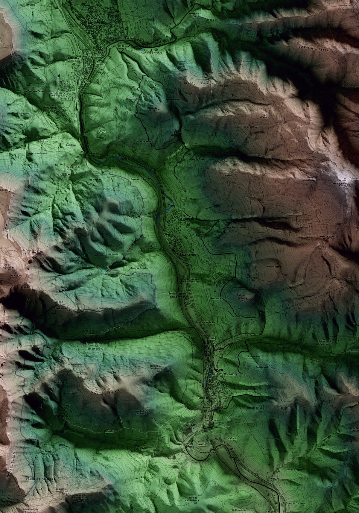 Mapa artístico del relieve de Tagamanent, al Vallès Oriental, con 15 km de entorno y base topográfica ICGC. Detalle de la zona central.