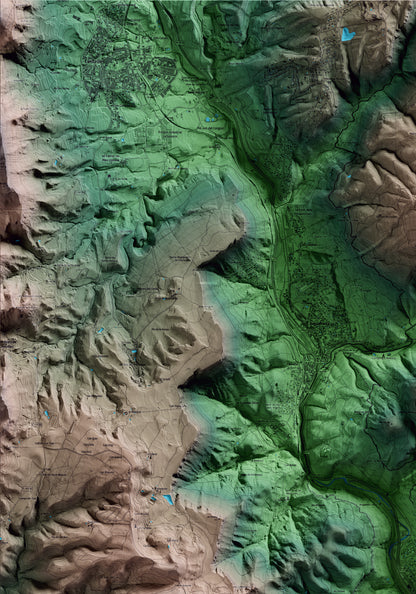 Mapa artístico del relieve de Tagamanent, al Vallès Oriental, con 15 km de entorno y base topográfica ICGC. Detalle de la zona superior izquierda.