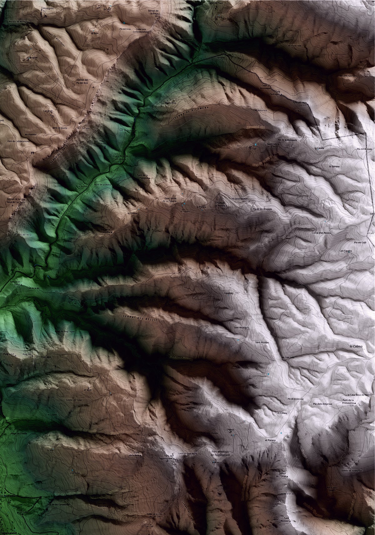 Mapa artístico del relieve de Tagamanent, al Vallès Oriental, con 15 km de entorno y base topográfica ICGC. Detalle de la zona superior derecha.