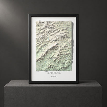 Mapa de relieve de Talaia del Montmell, 861 m, Baix Penedès, lámina 100 Cims de Trobart. Presentación enmarcada. 21 × 30 cm.