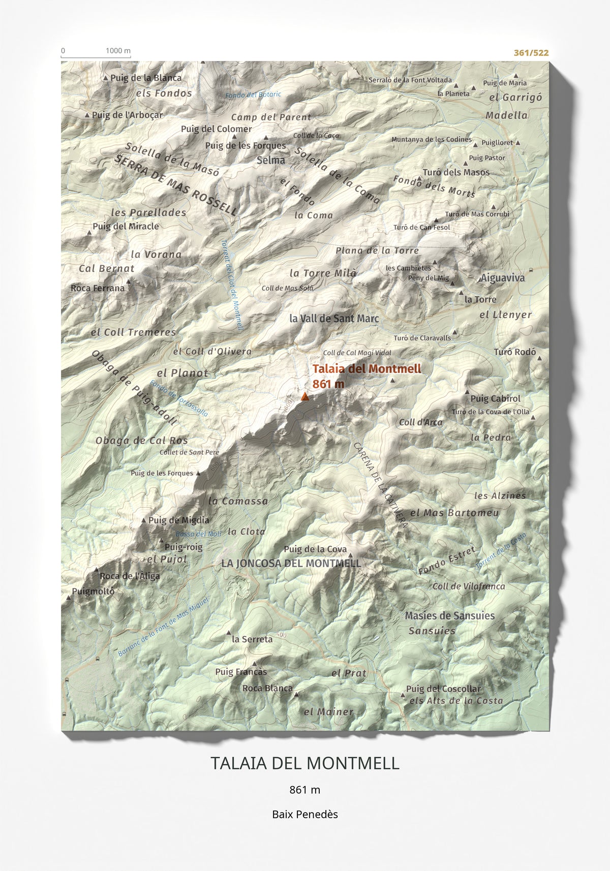 Mapa de relieve de Talaia del Montmell, 861 m, Baix Penedès, lámina 100 Cims de Trobart 21 × 30 cm.