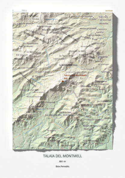 Mapa de relieve de Talaia del Montmell, 861 m, Baix Penedès, lámina 100 Cims de Trobart 21 × 30 cm.
