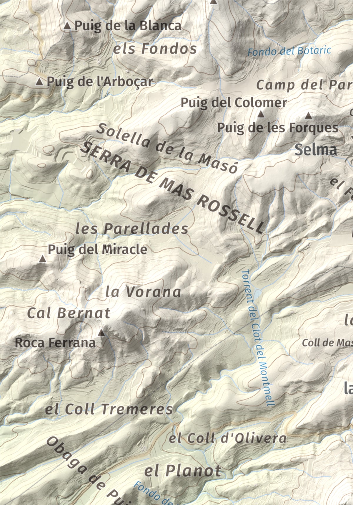 Mapa de relieve de Talaia del Montmell, 861 m, Baix Penedès, lámina 100 Cims de Trobart. Detalle de la zona superior izquierda. 21 × 30 cm.