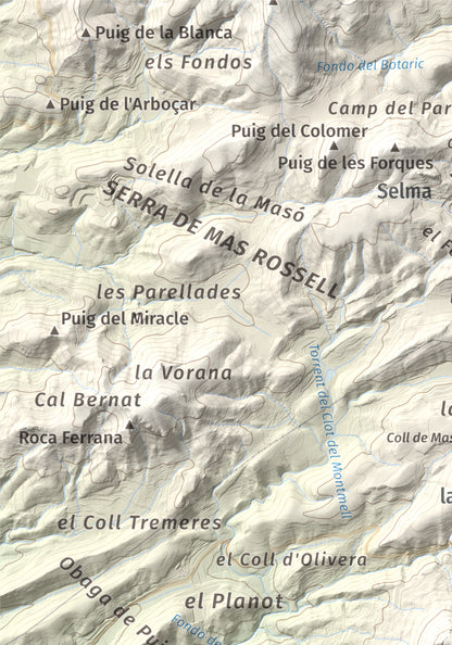 Mapa de relieve de Talaia del Montmell, 861 m, Baix Penedès, lámina 100 Cims de Trobart. Detalle de la zona superior izquierda. 21 × 30 cm.