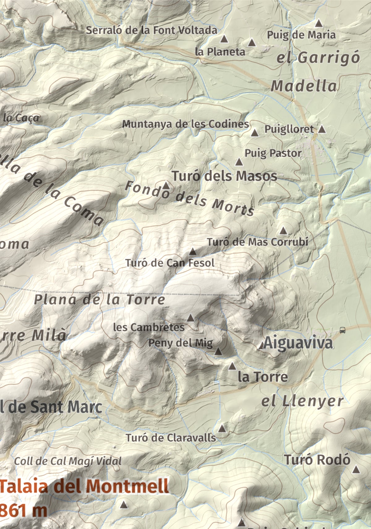 Mapa de relieve de Talaia del Montmell, 861 m, Baix Penedès, lámina 100 Cims de Trobart. Detalle de la zona superior derecha. 21 × 30 cm.
