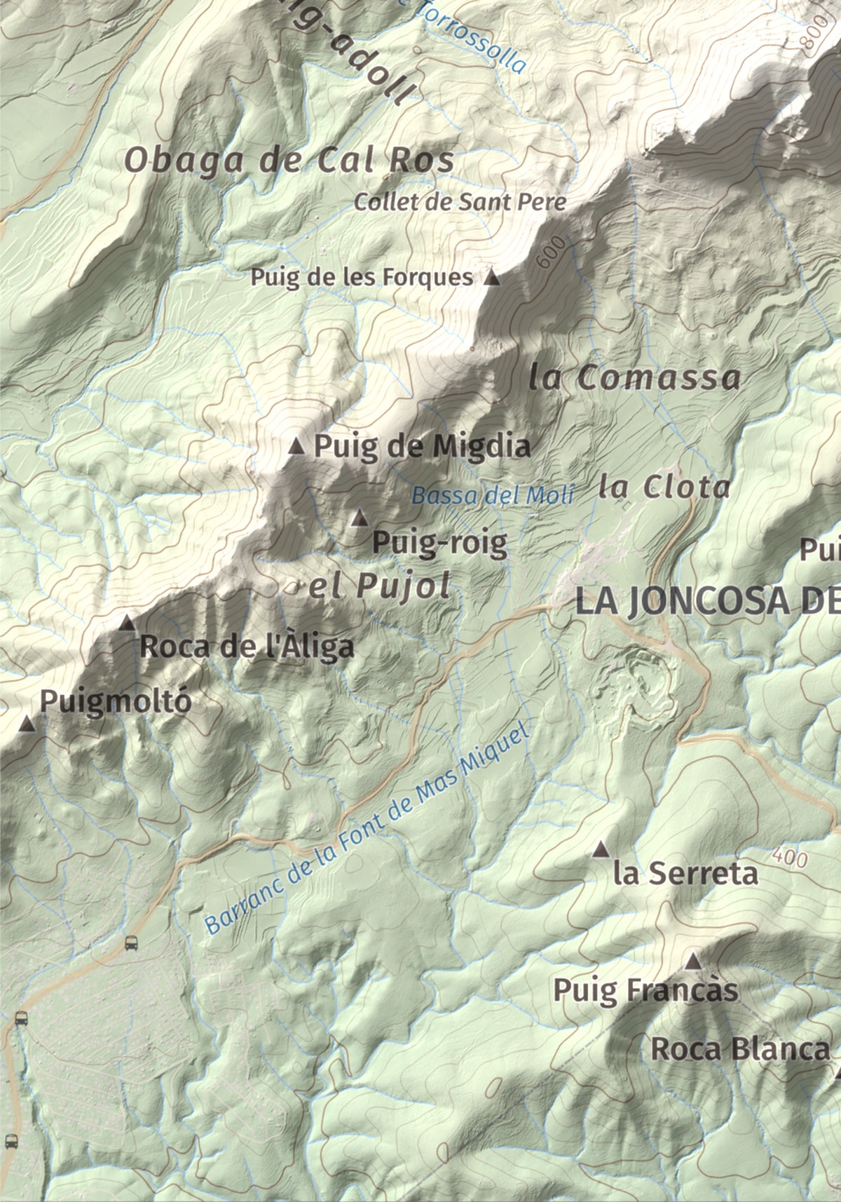 Mapa de relieve de Talaia del Montmell, 861 m, Baix Penedès, lámina 100 Cims de Trobart. Detalle de la zona inferior izquierda. 21 × 30 cm.