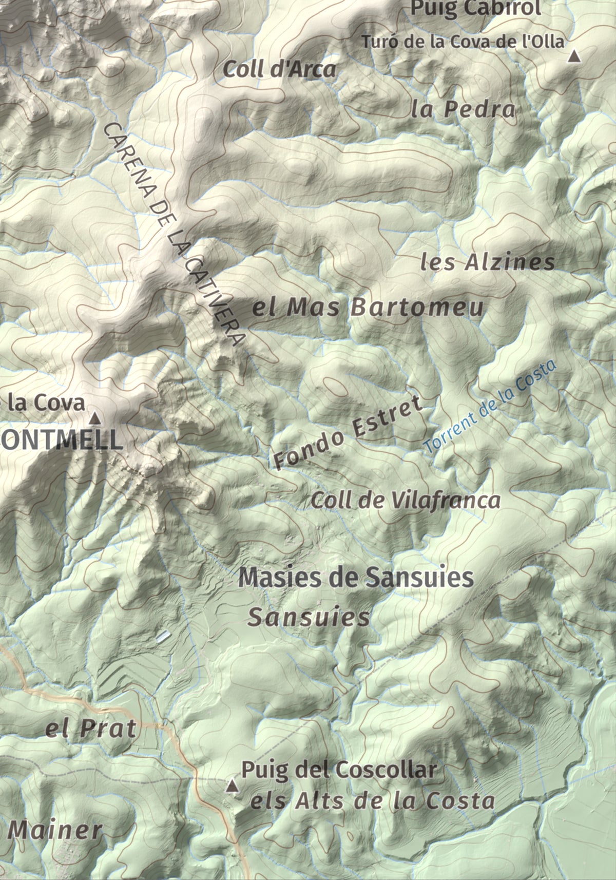 Mapa de relieve de Talaia del Montmell, 861 m, Baix Penedès, lámina 100 Cims de Trobart. Detalle de la zona inferior derecha. 21 × 30 cm.