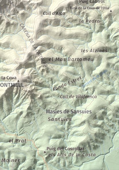Mapa de relieve de Talaia del Montmell, 861 m, Baix Penedès, lámina 100 Cims de Trobart. Detalle de la zona inferior derecha. 21 × 30 cm.